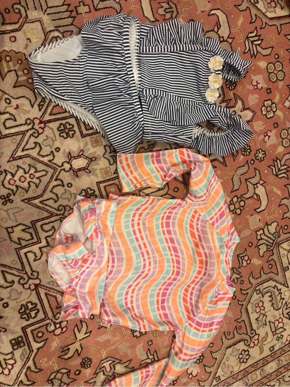 Girls' Navy Stripe Ruffle One-Piece and Pastel Wave Rash Guard Set